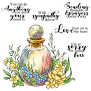 Decorative design with a floral perfume bottle and sympathy text on a white background