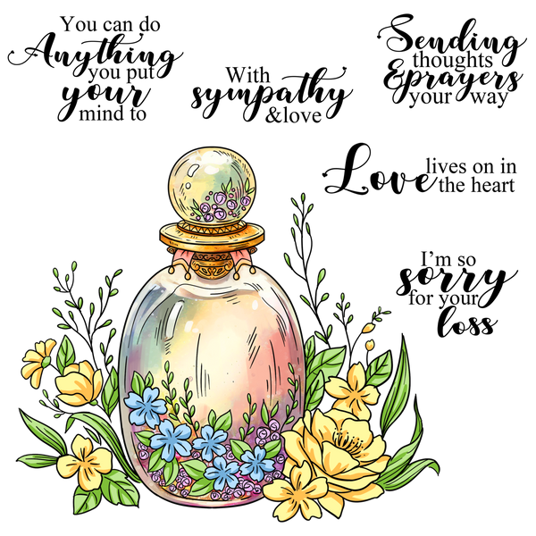Decorative design with a floral perfume bottle and sympathy text on a white background