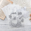 Clear stamp set with floral and bottle designs on a textured surface