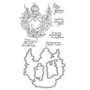 Decorative elements with floral design and text on a white background