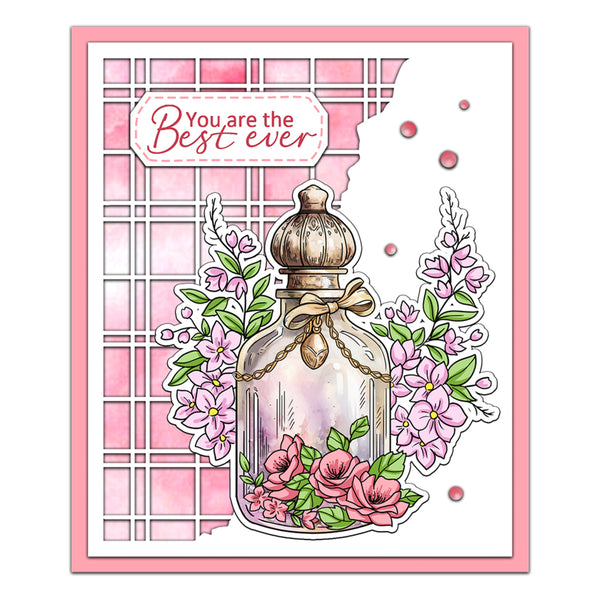 Card with a decorative bottle and flowers on a pink lattice background with 'You are the Best ever' text.