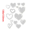Set of heart-shaped metal stamps on a white background with dimensions 130x133mm.