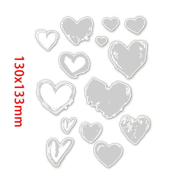 Set of heart-shaped metal stamps on a white background with dimensions 130x133mm.