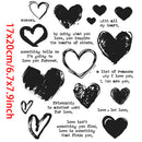 Black heart shapes and inspirational text on a white background with dimensions 17x20cm/6.7x7.9inch.