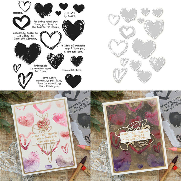 Heart-themed stamp set, dies, and stamped cards on a wooden surface.