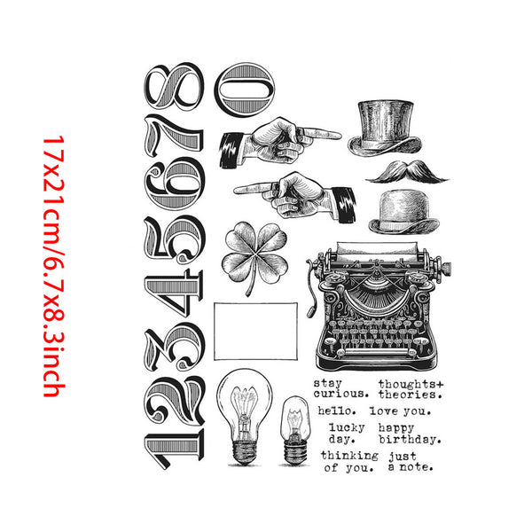 Collection of vintage illustrations including numbers, hands, a typewriter, light bulbs, and a clover on a white background.