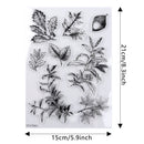 Clear stamp set with leaf designs and dimensions on a white background