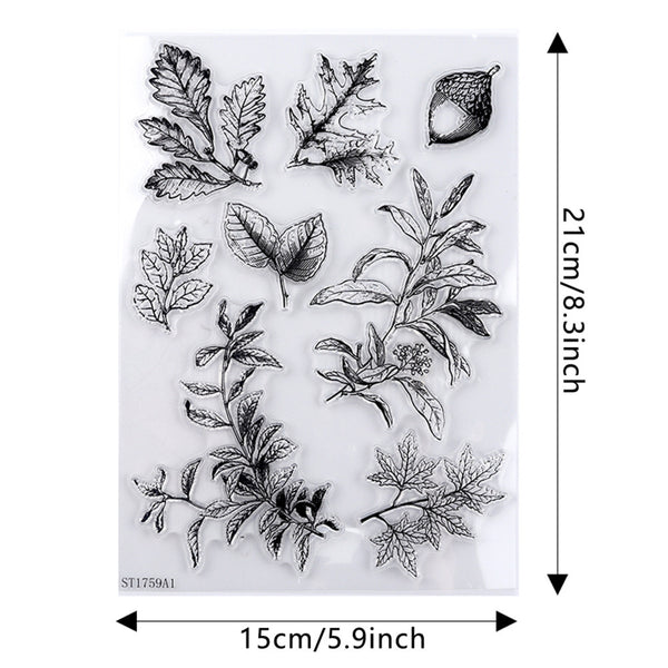 Clear stamp set with leaf designs and dimensions on a white background