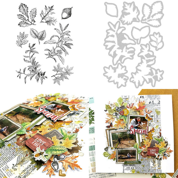 Set of metal dies and stamps with leaf designs and a scrapbooking layout.