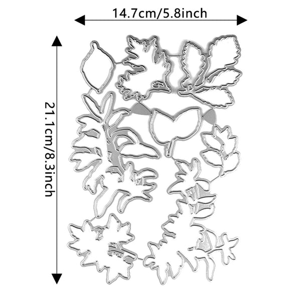 Set of metal dies with floral and leaf designs, shown with dimensions on a white background.