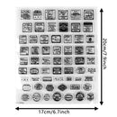 Clear stamp set with various vintage-style labels and dimensions indicated