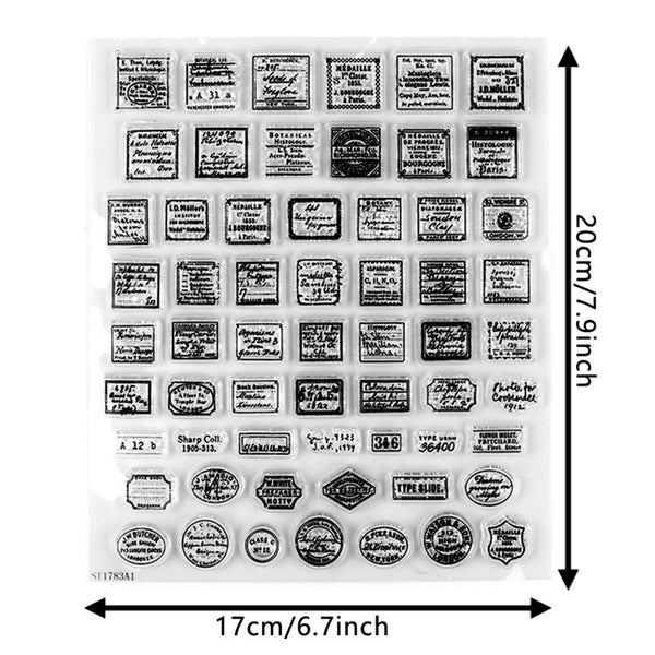 Clear stamp set with various vintage-style labels and dimensions indicated