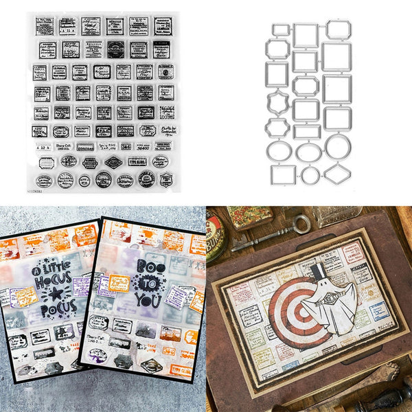 Collage of stamp sets and decorative elements on a white background