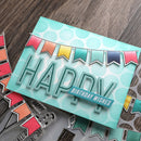 Colorful birthday card with 'Happy Birthday Wishes' text on a wooden surface