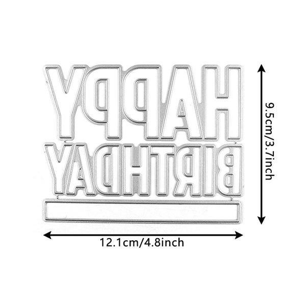 Metallic 'Happy Birthday' cutout with dimensions on a white background