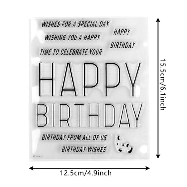 Clear stamp set with 'Happy Birthday' text and dimensions on a white background