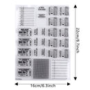 Clear stamp set with various designs and text, showing dimensions on a white background.