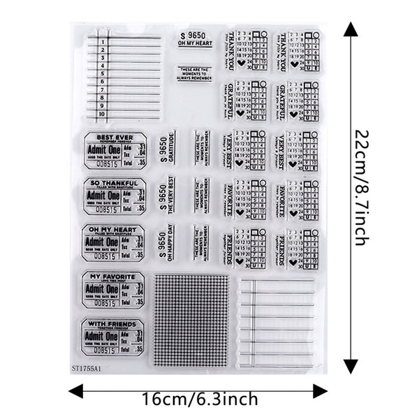 Clear stamp set with various designs and text, showing dimensions on a white background.