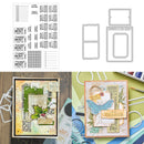 Collage of stamping tools and cards with decorative elements on a white background