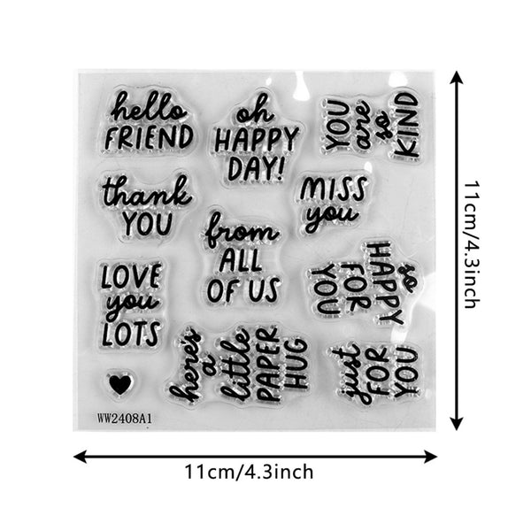Clear stamp set with various phrases on a white background