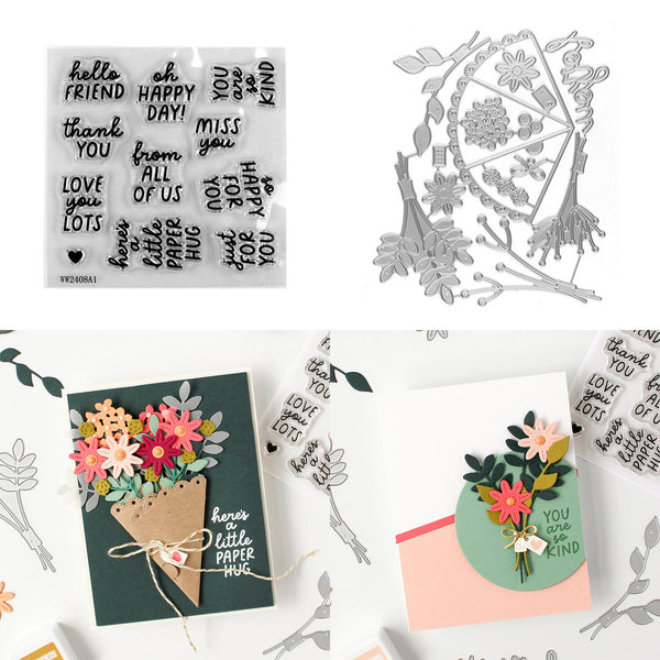 Crafting tools including stamps, dies, and card designs on a white background