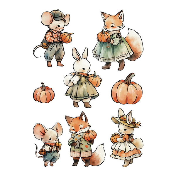 Illustrations of animals in autumn clothing with pumpkins on a white background