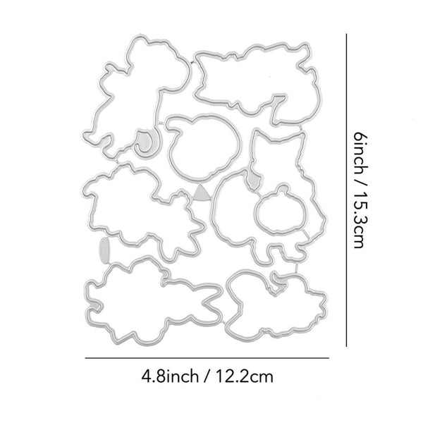 Metal cutting dies with animal shapes and dimensions on a white background