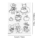 Set of black and white illustrations of animals in costumes with pumpkins, size reference on the side.
