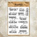Set of clear stamps with various phrases on a wooden block