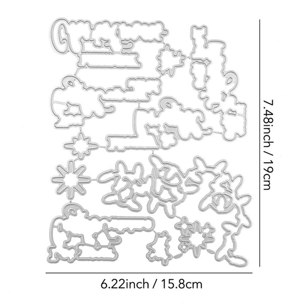 Set of metal cutting dies with various shapes and measurements on a white background