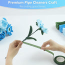 Person holding a green pipe cleaner with blue flowers, with more pipe cleaners in the background.