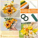 Flower-making kit with flowers, ribbon, tape, and craft wire on a beige background.