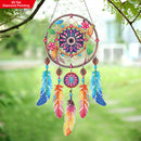 Colorful dreamcatcher with feathers hanging outdoors