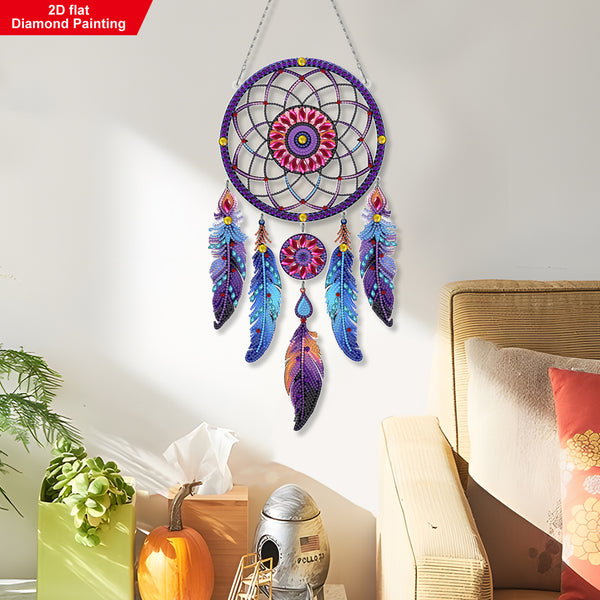 Colorful dreamcatcher hanging on a wall in a room with a couch and plant.
