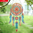 Colorful dreamcatcher with feathers hanging outdoors
