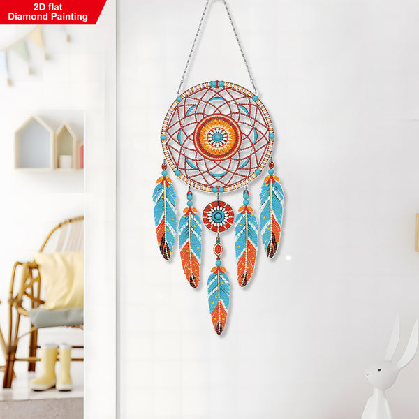 Colorful dreamcatcher wall decoration on a white wall with a chair and table in the background.