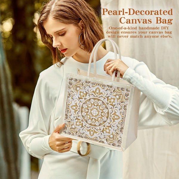 Woman holding a pearl-decorated canvas bag with text about the product.