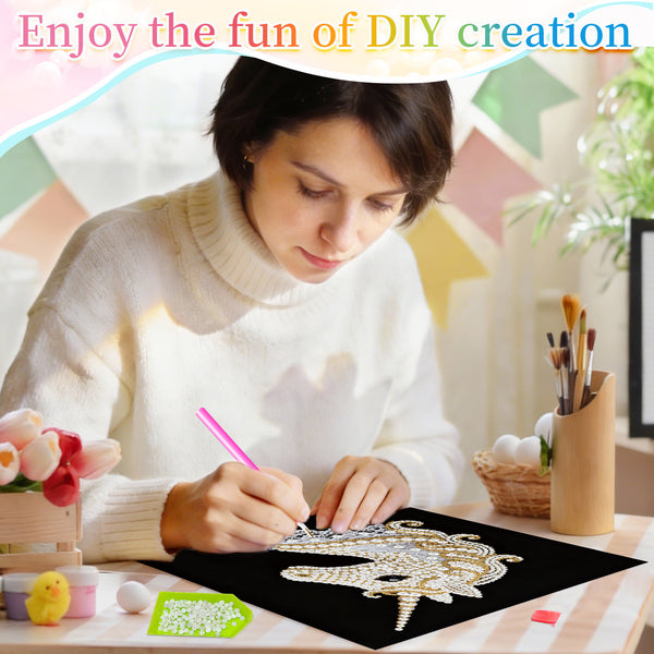 Woman engaging in DIY art activity with text 'Enjoy the fun of DIY creation' above.