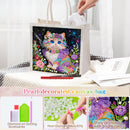 Pearl-decorated canvas bag with a colorful cat design, surrounded by diamond art accessories.