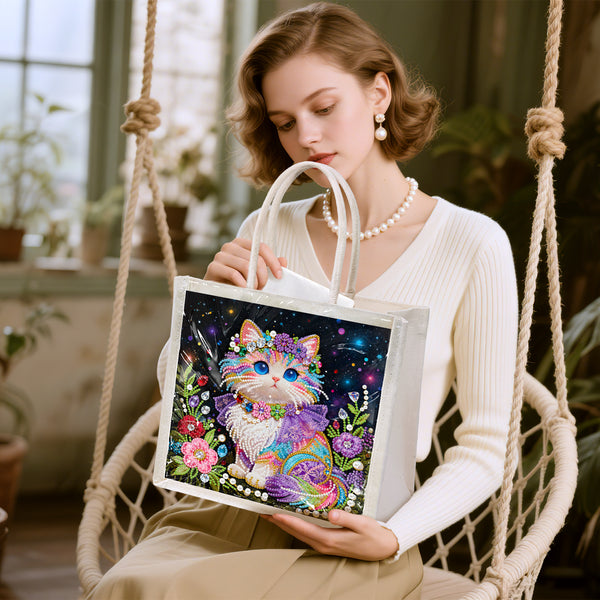 Woman holding a tote bag with a colorful cat design in a home setting