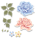 Set of floral stickers including roses, leaves, and a small flower on a white background