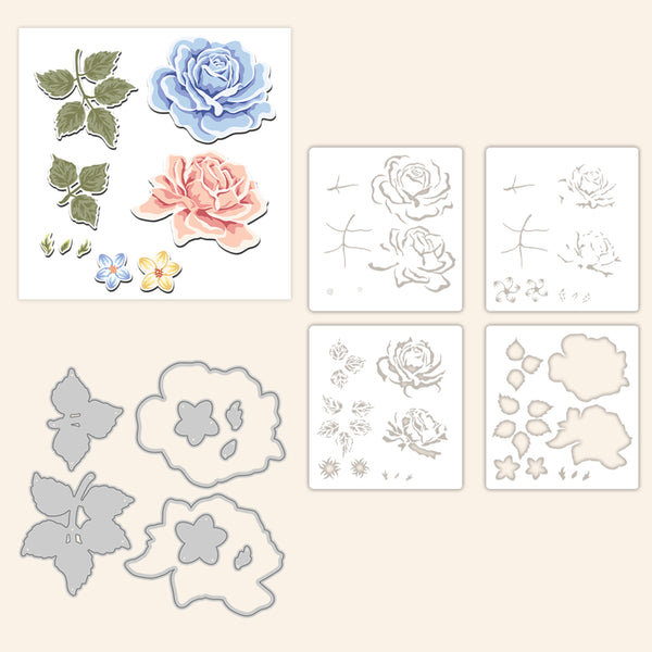 Collection of floral cutting dies and stencils on a white background