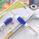 Handheld punching tool with blue and white design on a white background