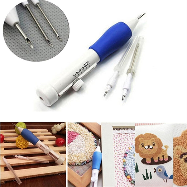 Embroidery tool with interchangeable needles on a white background