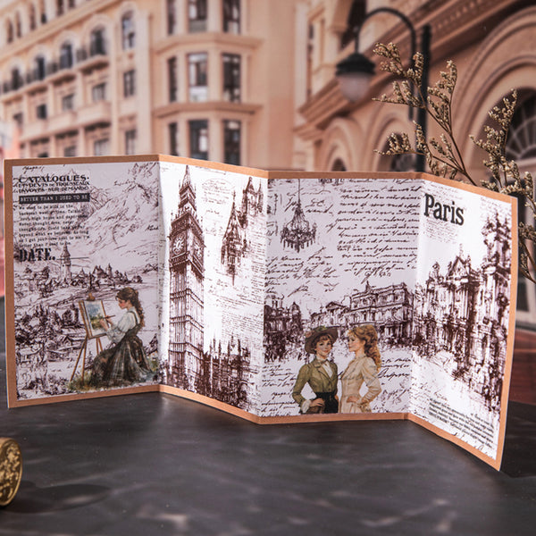 Decorative book with illustrations and text on a city street background