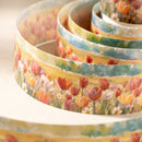 Set of floral-patterned ribbons stacked on a white surface