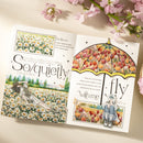 Two illustrated cards on a light surface with flowers around, featuring text and images of people in nature.