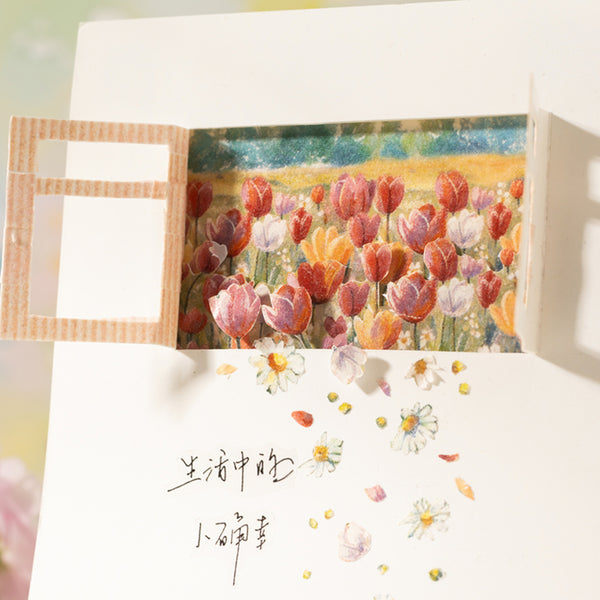 Greeting card with tulip illustration and decorative elements