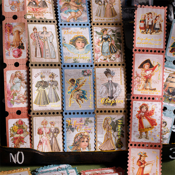 Collection of vintage-style cards with illustrations and text on a black background
