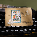 Decorative card with vintage illustration on a typewriter keyboard